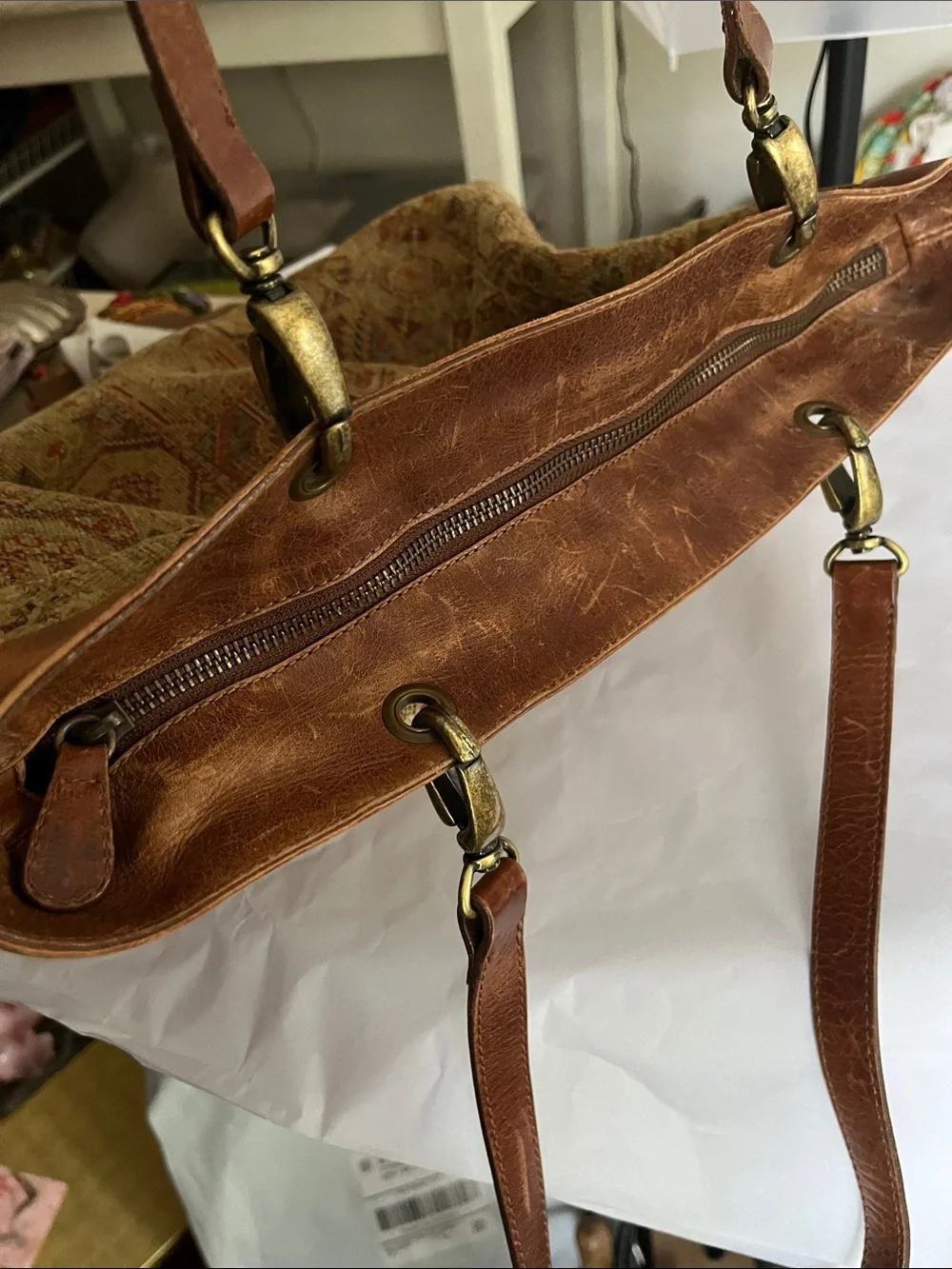 J. Jill Tapestry Genuine Leather Double Handle Tote Bag Bohemian Book Carpet Bag